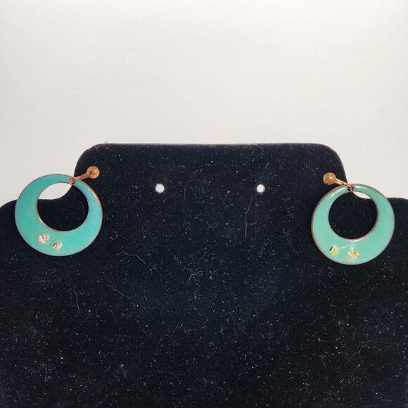 Retro OOAK Copper Enamel Clip On Earrings Moon Geometric Shape w Glass Frit MCM - Picture 4 of 10